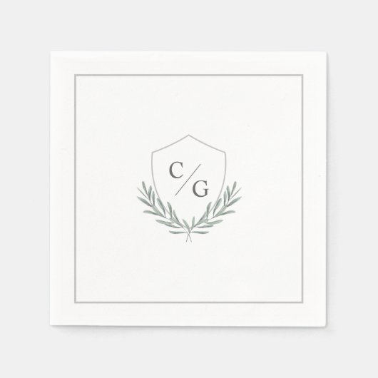 Serviette En Papier Monogramme Crest avec branches d'olivier Mariage (Devant)