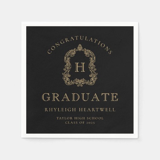 Serviette En Papier Monogramme Crest Black Gold Party (Devant)