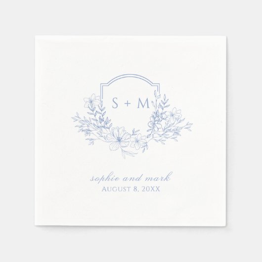 Serviette En Papier Monogramme Crest bleu floral (Devant)