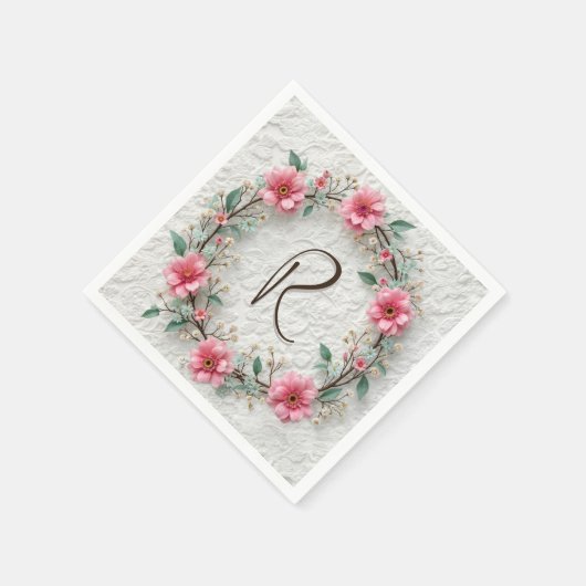 Serviette En Papier Monogramme Dans Une Élégante Wreath Sur Dentelle (Coin)