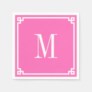 Serviette En Papier Monogramme de bordure de clé grecque rose et blanc