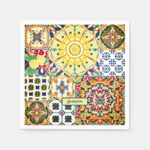 Serviette En Papier Monogramme de carreau méditerranéen orange chic