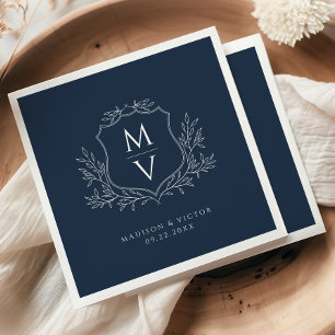Serviette En Papier Monogramme de feuillage vintage blason bleu marine