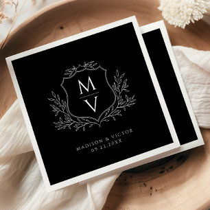 Serviette En Papier Monogramme de feuillage vintage noir et blanc pour