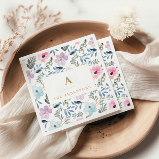 Serviette En Papier Monogramme de fleurs aquarelles bleu pastel élégan