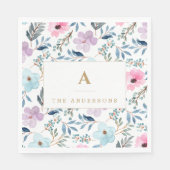 Serviette En Papier Monogramme de fleurs aquarelles bleu pastel élégan (Devant)