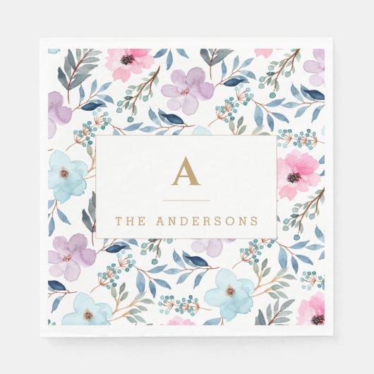 Serviette En Papier Monogramme de fleurs aquarelles bleu pastel élégan (Devant)