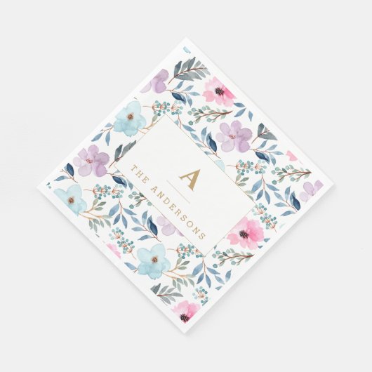 Serviette En Papier Monogramme de fleurs aquarelles bleu pastel élégan (Coin)