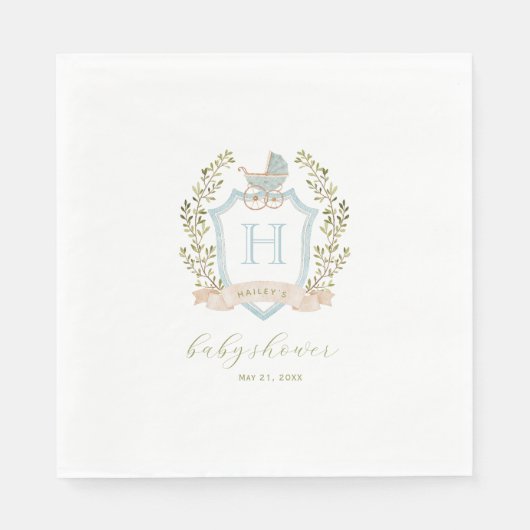 Serviette En Papier Monogramme de la crête de bébé | Baby shower bleu (Devant)