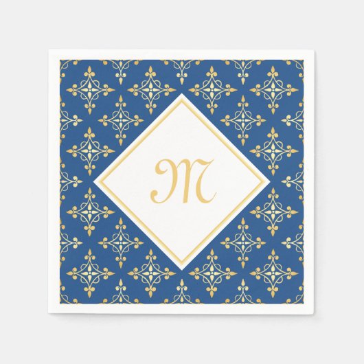 Serviette En Papier Monogramme de luxe Blue et Gold Quatre Floral (Devant)