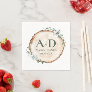 Serviette En Papier Monogramme de mariage botanique en tranche de bois