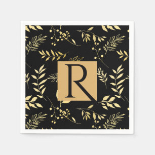 Serviette En Papier Monogramme de mariage botanique noir et or avec gl