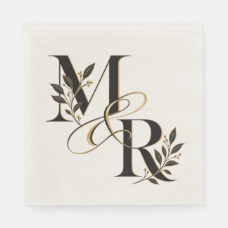 Serviette En Papier Monogramme de mariage élégant M & R noir or floral