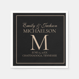 Serviette En Papier Monogramme de mariage élégant noir et or