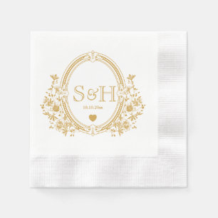 Serviette En Papier Monogramme de mariage élégant vintage orné de fleu