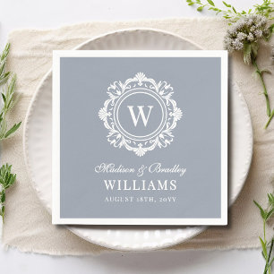 Serviette En Papier Monogramme de mariage floral orné gris argent