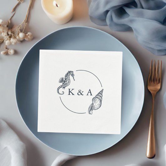 Serviette En Papier Monogramme de Mariage Nautique Seahorse & Sea Shel