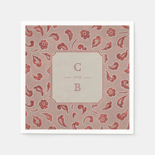 Serviette En Papier Monogramme de mariage rustique campagne rouge Kraf (Devant)