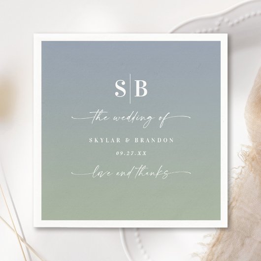 Serviette En Papier Monogramme de Mariage vert doux Ombre bleu Dusty