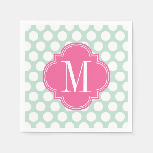 Serviette En Papier Monogramme de menthe chic et grands points roses (Devant)