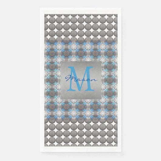 Serviette En Papier Monogramme de Motif à points blanc, bleu et gris (Devant)