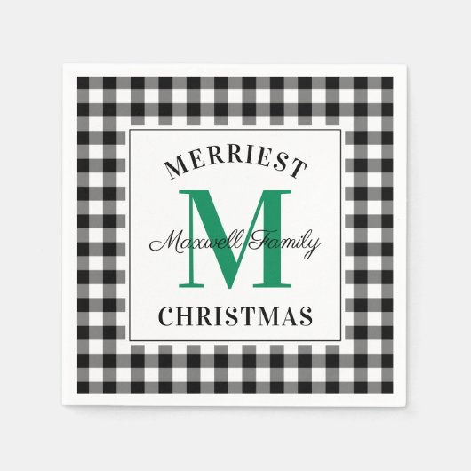 Serviette En Papier Monogramme de Noël de Buffalo noir vert (Devant)