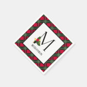 Serviette En Papier Monogramme de Noël Holly Plaid M Personnalisé (Coin)