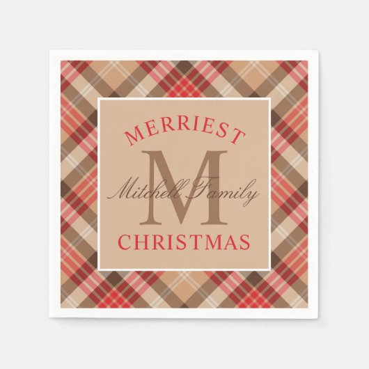 Serviette En Papier Monogramme de Noël Tan Rouge Rustique (Devant)