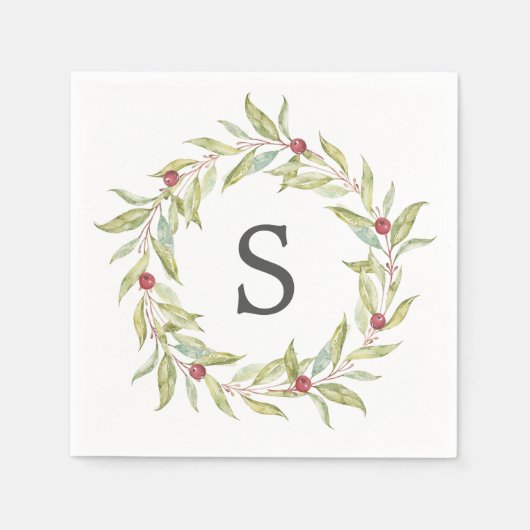 Serviette En Papier Monogramme de Noël Végétation d'hiver Berries Feui (Devant)