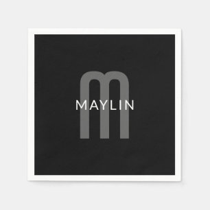 Serviette En Papier Monogramme de nom de style moderne Noir Gris Bla