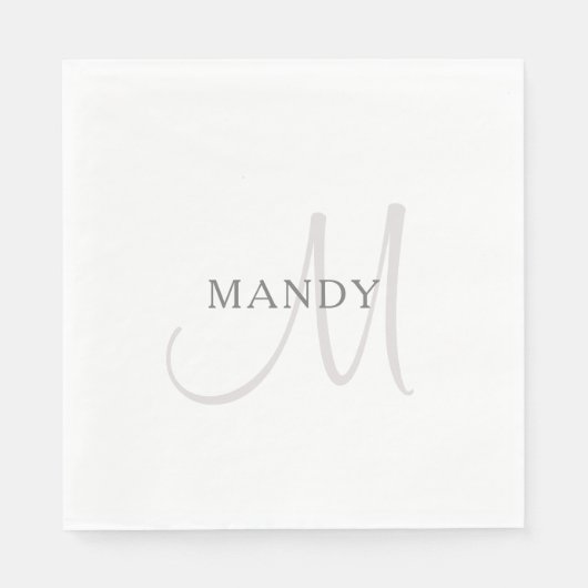 Serviette En Papier Monogramme de nom élégant | Blanc & Gris (Devant)