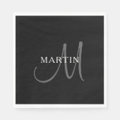 Serviette En Papier Monogramme de nom élégant | Noir Blanc & Gris (Devant)