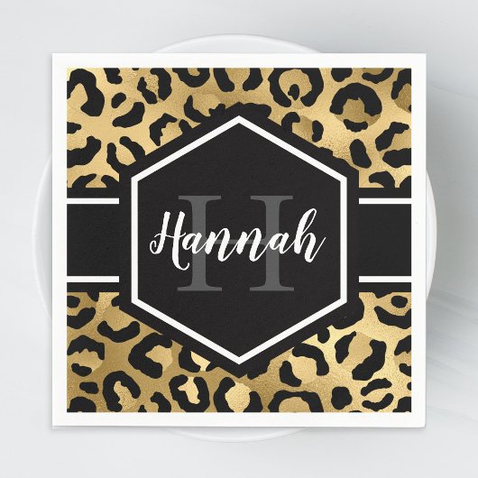 Serviette En Papier Monogramme de points de léopard noir or