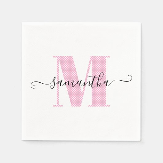Serviette En Papier Monogramme de pois rose et blanc clair (Devant)