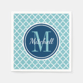 Serviette En Papier Monogramme de Quatrefoil bleu marine moderne et aq (Devant)