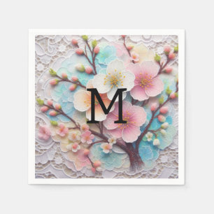 Serviette En Papier Monogramme dentelle rose pastel fleurs de cerisier