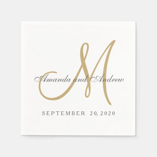 Serviette En Papier Monogramme d'or blanc gris classique Mariage éléga (Devant)