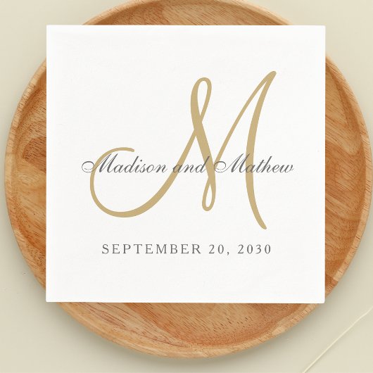 Serviette En Papier Monogramme d'or gris classique Mariage élégant