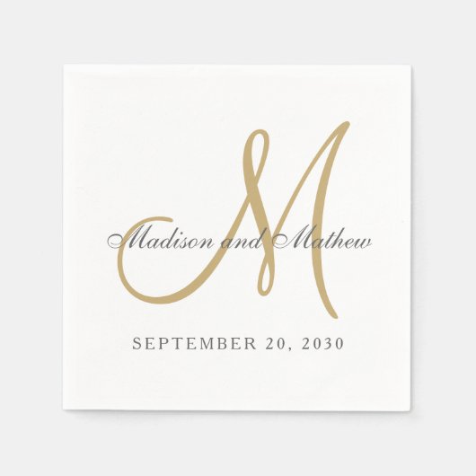 Serviette En Papier Monogramme d'or gris classique Mariage élégant (Devant)