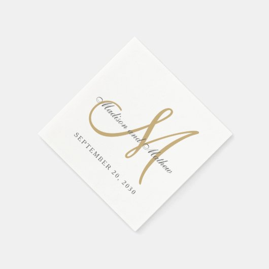 Serviette En Papier Monogramme d'or gris classique Mariage élégant (Coin)