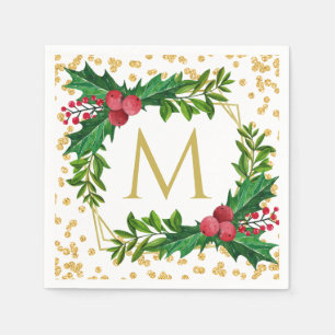 Serviette En Papier Monogramme d'or Joyeux Noël Holly Parties scintil