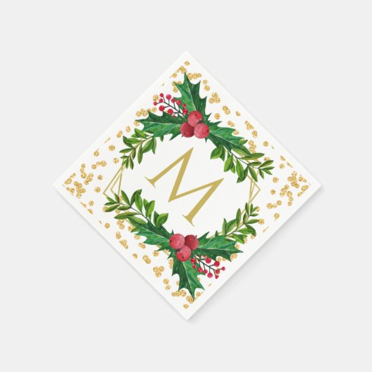 Serviette En Papier Monogramme d'or Joyeux Noël Holly Parties scintill (Coin)