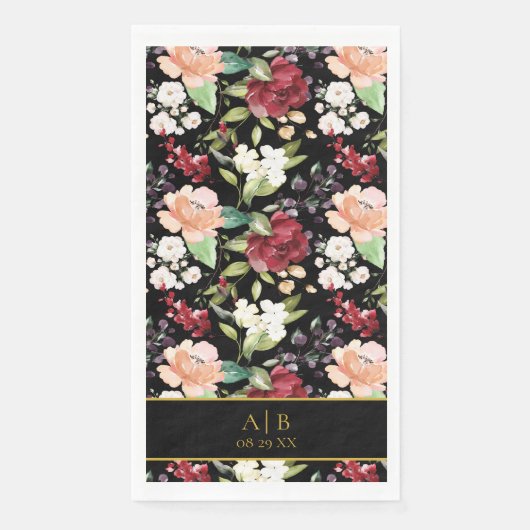 Serviette En Papier Monogramme Elegant Black Gold Floral (Devant)