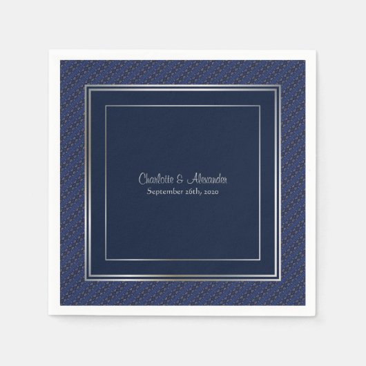Serviette En Papier Monogramme Elegant Bleu foncé Mariage frontière d' (Devant)