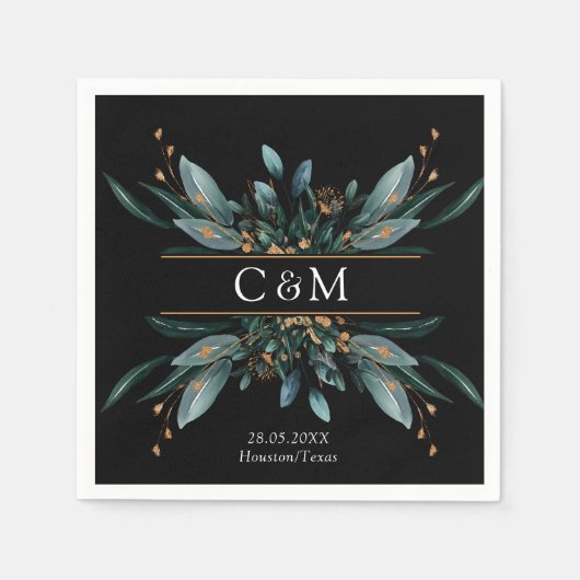 Serviette En Papier Monogramme Elegant Blue Gold (Imitat) Botanical Na (Devant)