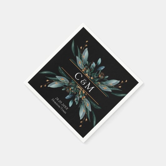 Serviette En Papier Monogramme Elegant Blue Gold (Imitat) Botanical Na (Coin)