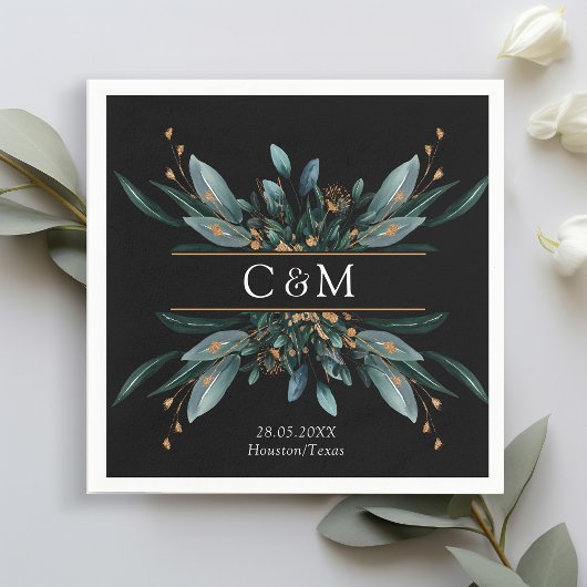 Serviette En Papier Monogramme Elegant Blue Gold (Imitat) Botanical Na