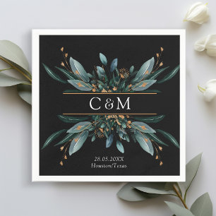 Serviette En Papier Monogramme Elegant Blue Gold (Imitat) Botanical Na