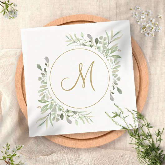 Serviette En Papier Monogramme élégant de feuillage en écriture dorée