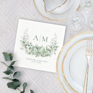 Serviette En Papier Monogramme Elegant Eucalyptus Mariage d'aquarelle